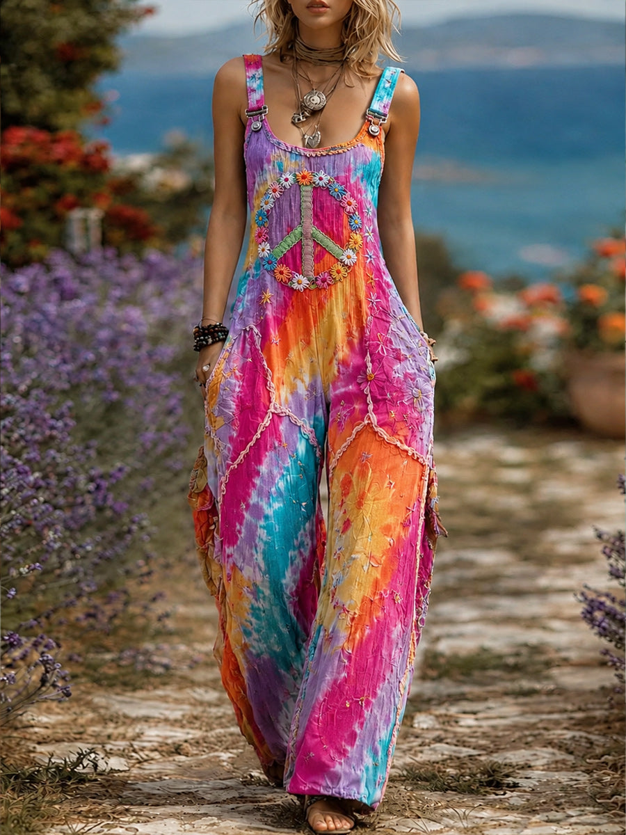 Women's Retro Style Art Print Washed Cotton Denim Patchwork Jumpsuit